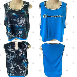 Champion L Logo Reversible Blue Floral Mesh Pin Dot Scoop Neckline Crop Tank